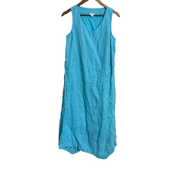 J Jill Womens Blue Sleeveless Patchwork 100% Linen Faux Wrap Midi Dress Small - Picture 1 of 8